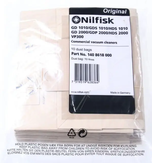 Nilfisk Paper Dust Bags, Pack of 10, 10 l 1408618000