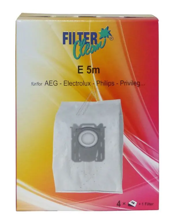 Filterclean Non-Woven Dust Bags with Filter for Electrolux Philips, Pack of 4 E5/PH5M E5M FL0007-K