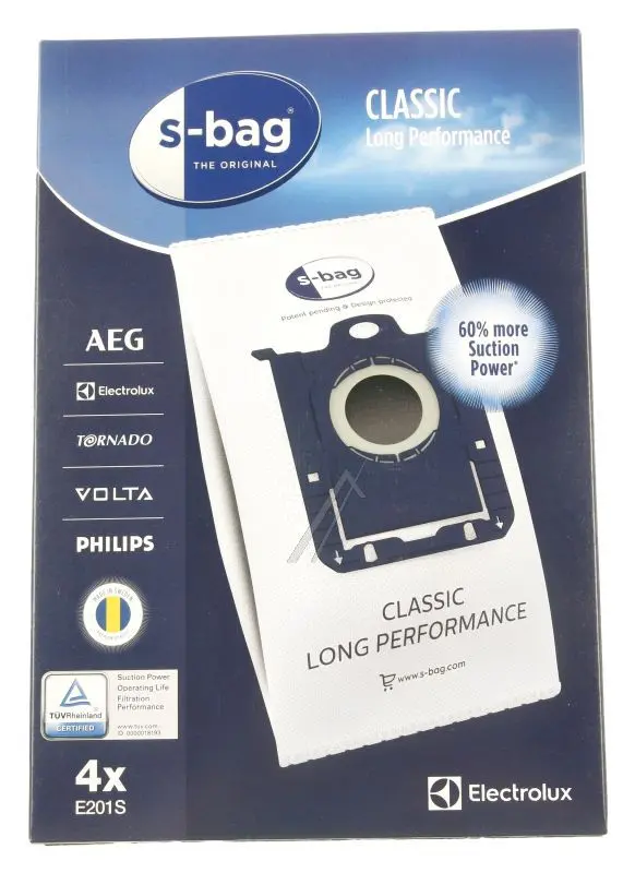 Electrolux AEG S-Bag Classic Long Performance Dust Bags, Pack of 4 9001684589 E201S