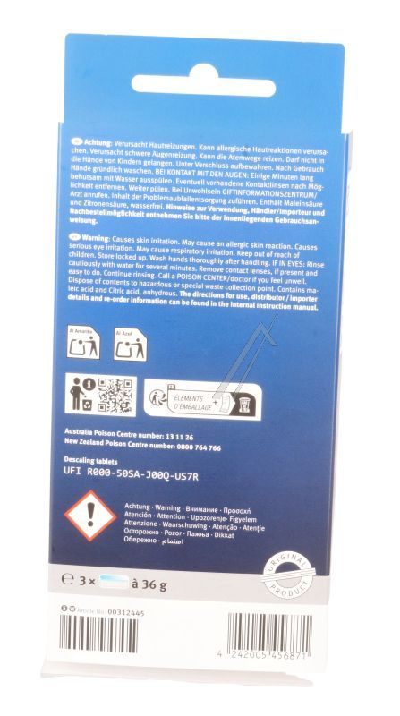 BOSCH/SIEMENS BOSCH/SIEMENS 00312445 DESCALING TABLETS SUITABLE FOR COFFEE MACHINES REGION SOUTH/WEST (DE,EN,AR,EL,ES,FR,HE,HU,IT,NL,PT,RO,RU,SL,TR,UKR) 0031